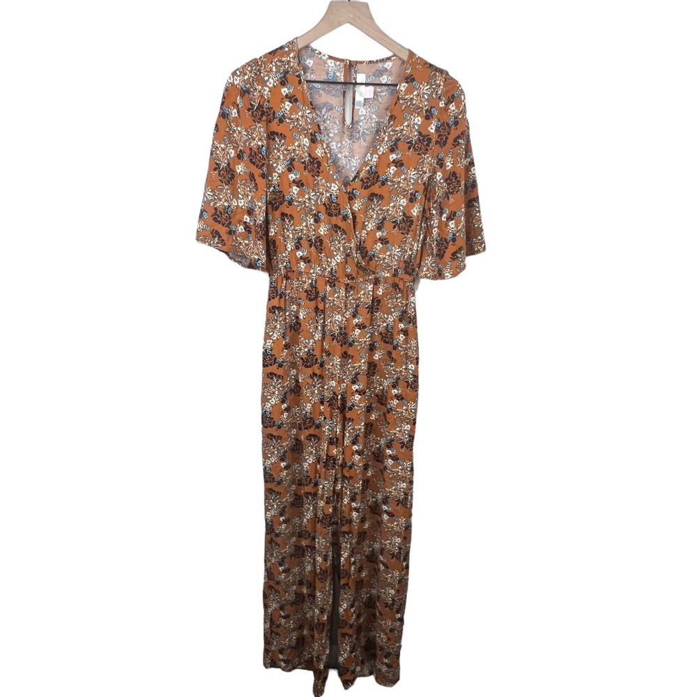 Band Of Gypsies Women S Jumpsuit Rust Orange Floral V-Neck Flutter Wide Leg Boho